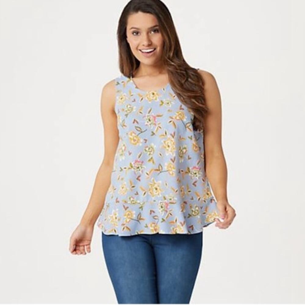 Denim & Co. Small NWOT Printed Blue Foral Sleeveless Tank Top Flutter Bottom